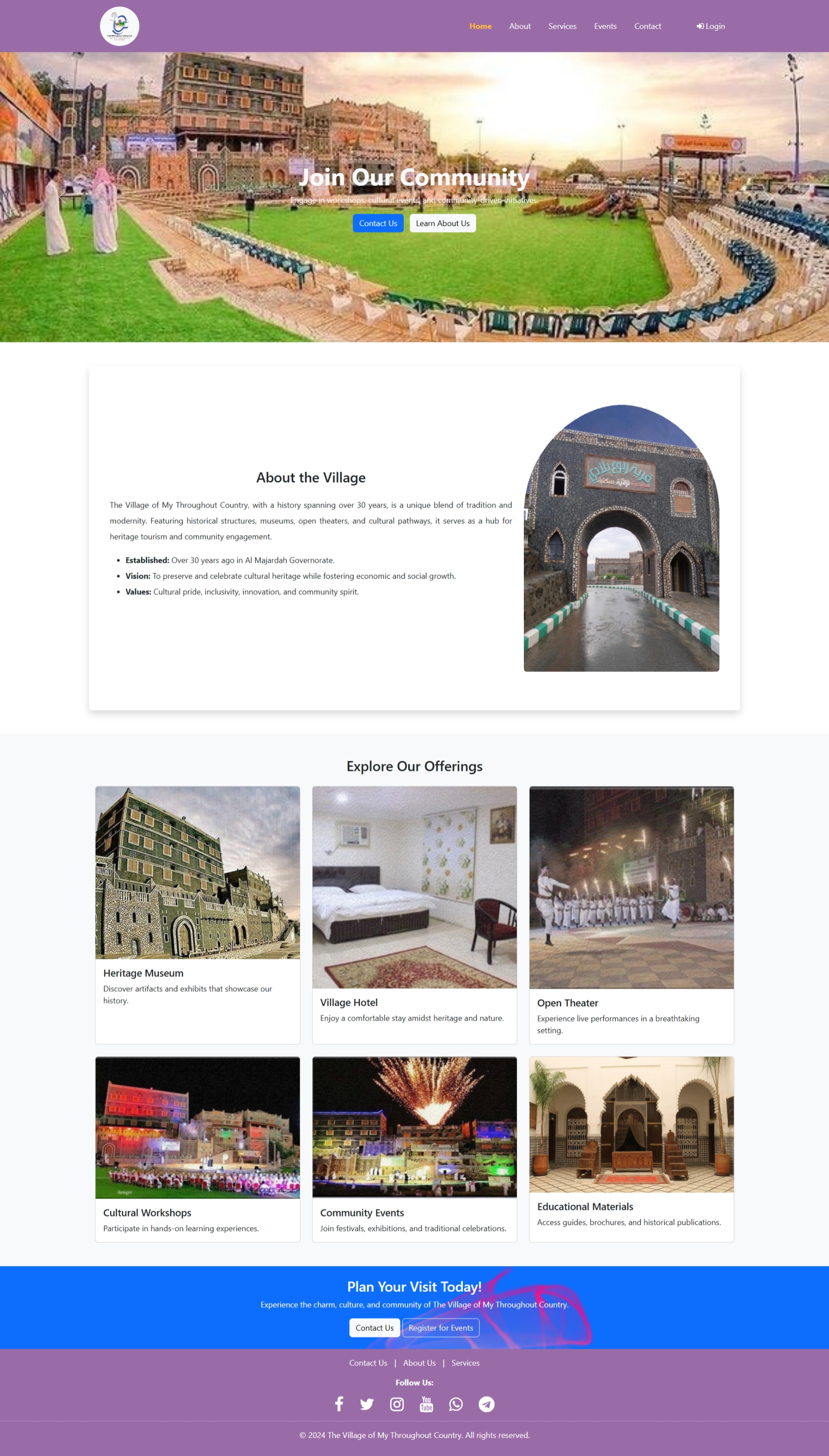 The home page of the site shows the main elements of the project.