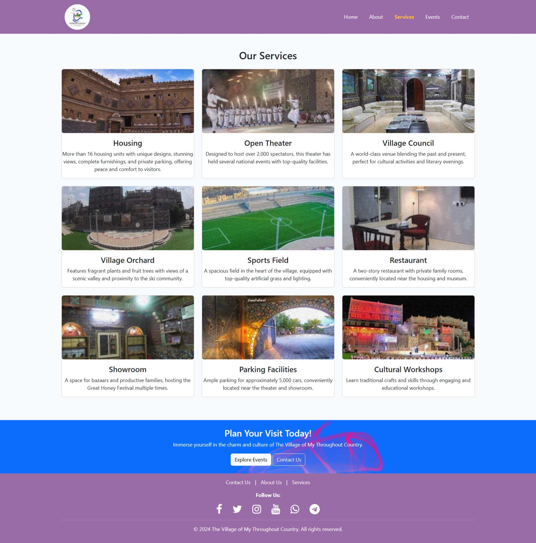 The Our Services page displays the services offered by the tourism site.