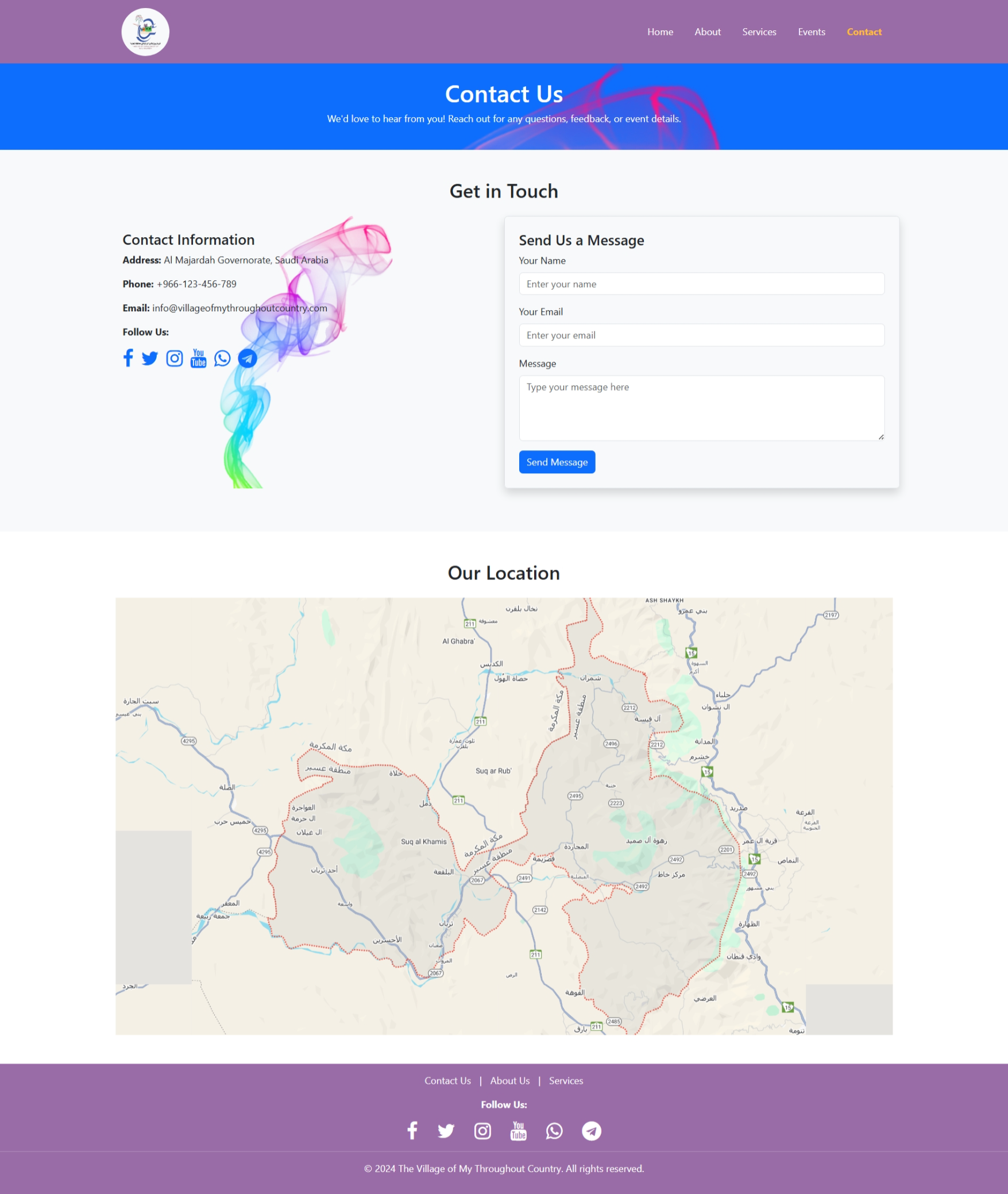 The Contact Us page displays our communication channels to join the site, learn about upcoming events and activities, and more. It also displays the village's location on a map.